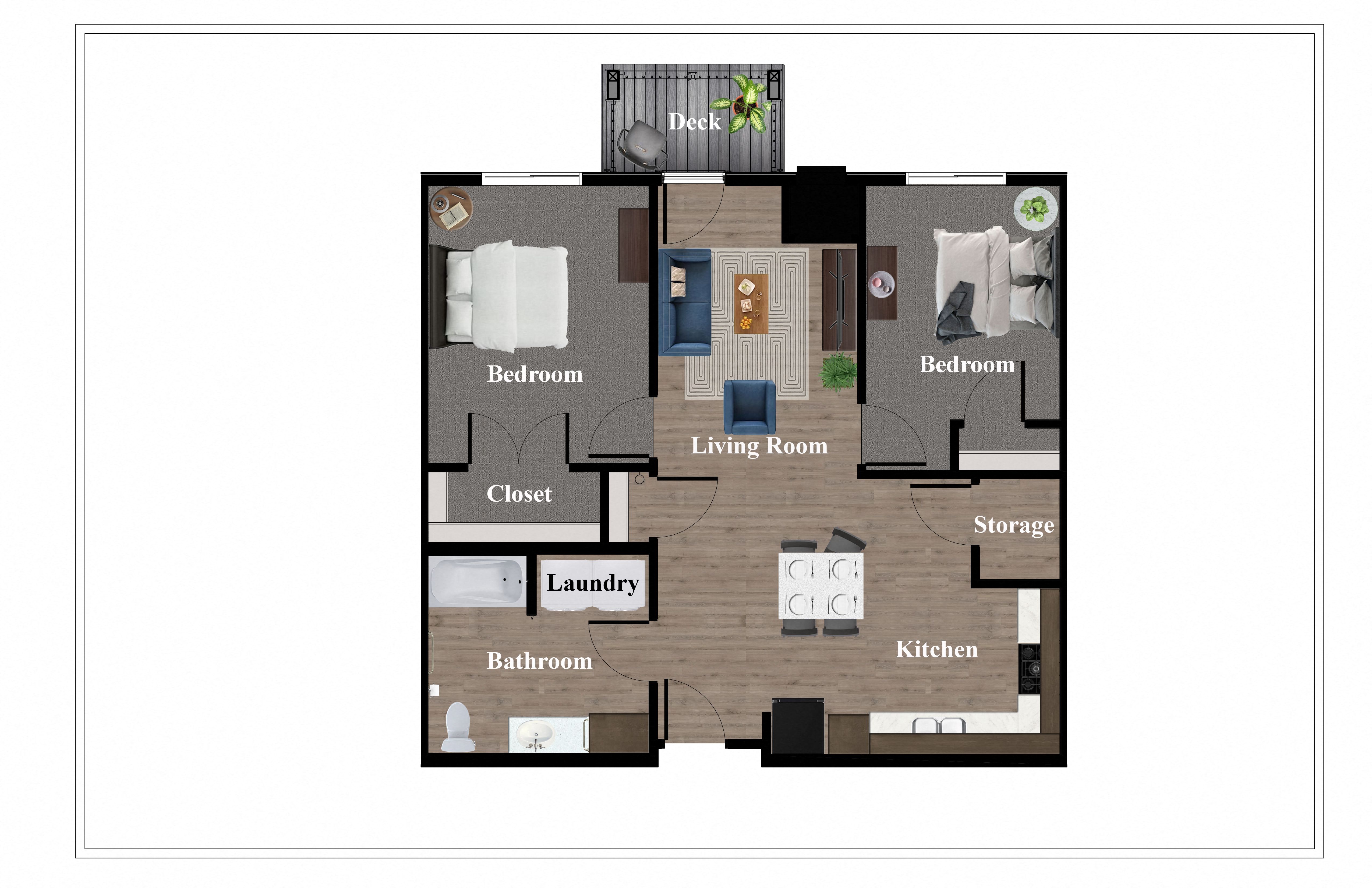 Floor plan for 2 beds, 1 bath, 802 sqft